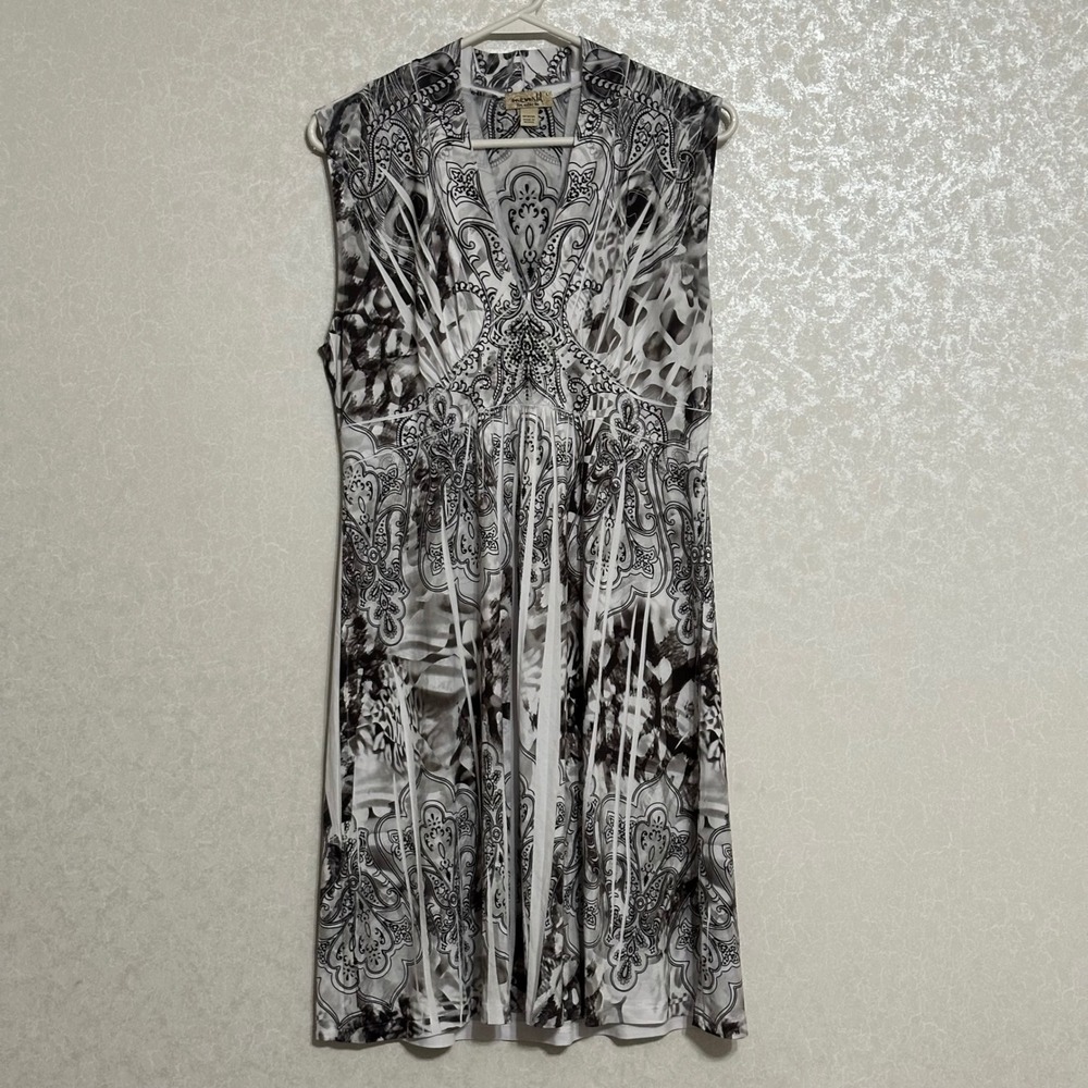 One World Rhinestone Empire Waist Paisley Animal Print Sleeveless Dress Grey L